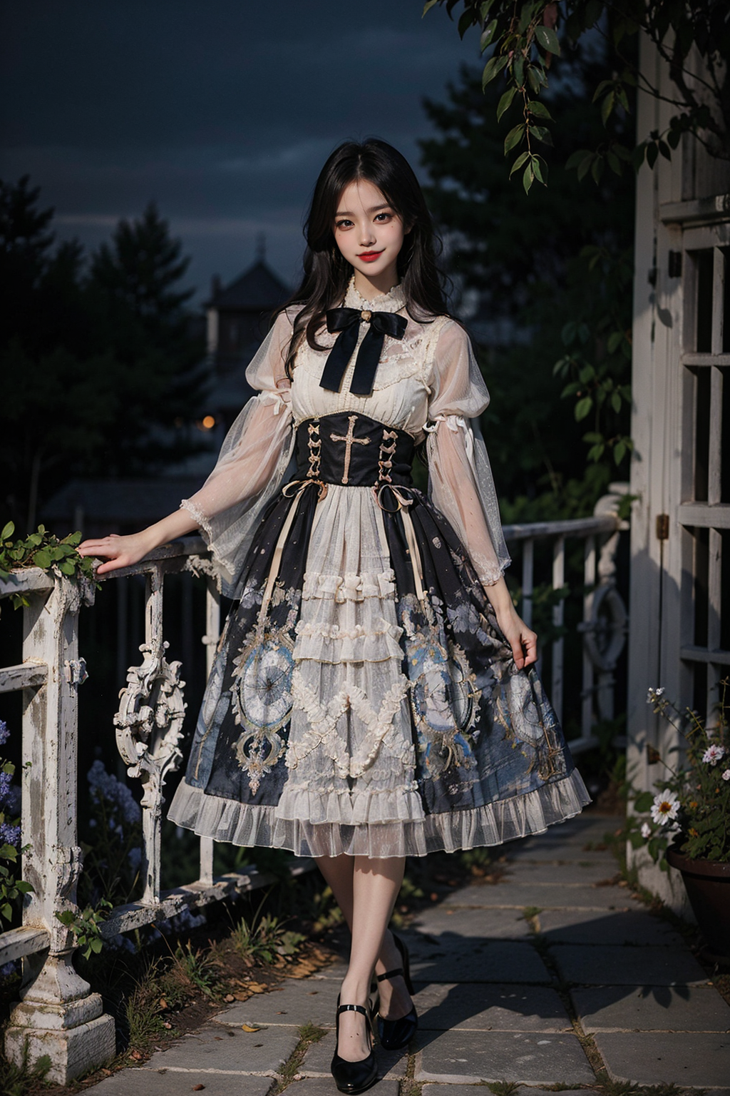 00055-910853191-best quality, quality, masterpiece, photorealistic, 1girl, solo, looking at viewer, smile, full body, lo dress, bow, long sleeve.png